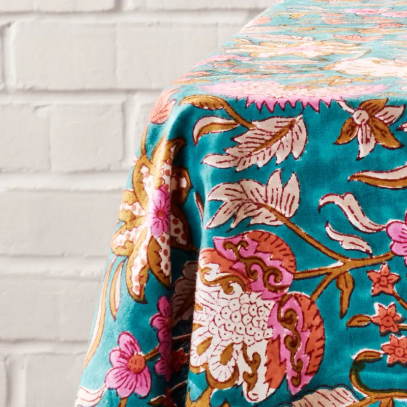 Teal Blockprint Tablecloth