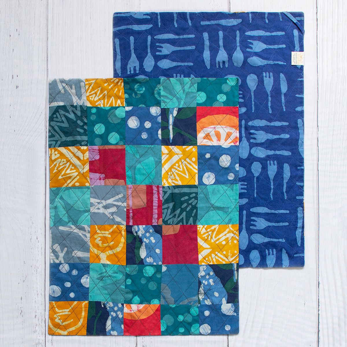 Reversible Tea Towel Set of Two Batik Patchwork/Blue Silverware