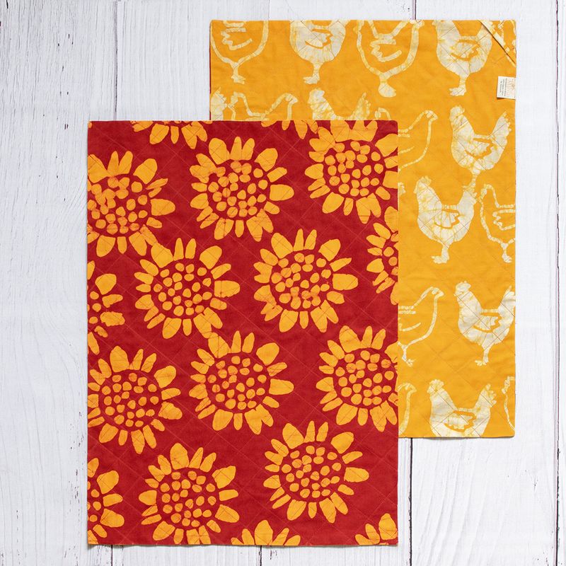 Reversible Tea Towel Set of Two Batik Sunflowers/Chickens