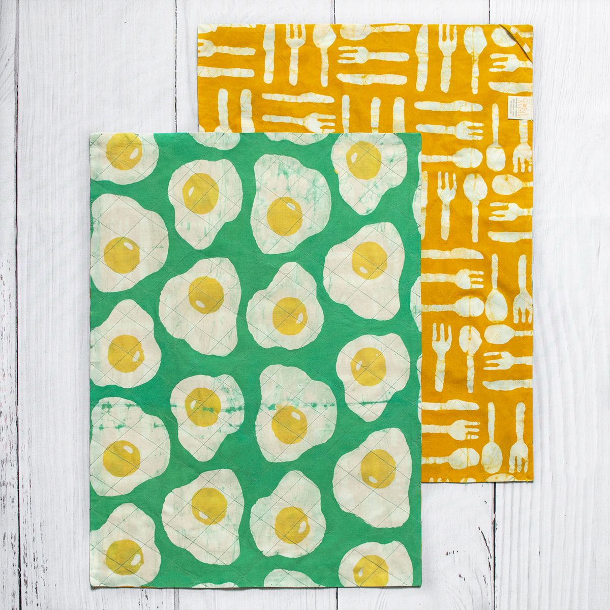 Reversible Tea Towel Set of Two Batik Eggs/Gold Silverware