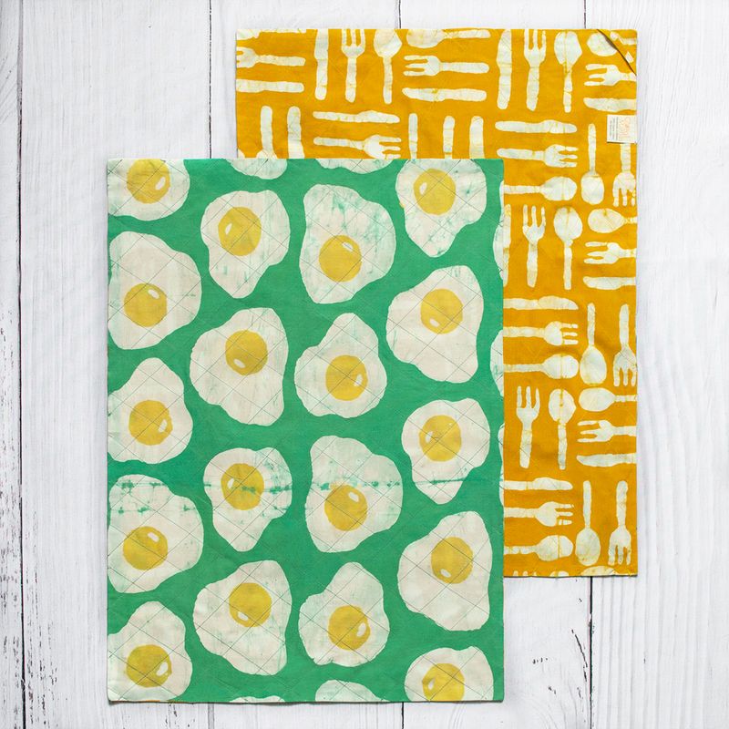 Reversible Tea Towel Set of Two Batik Eggs/Gold Silverware