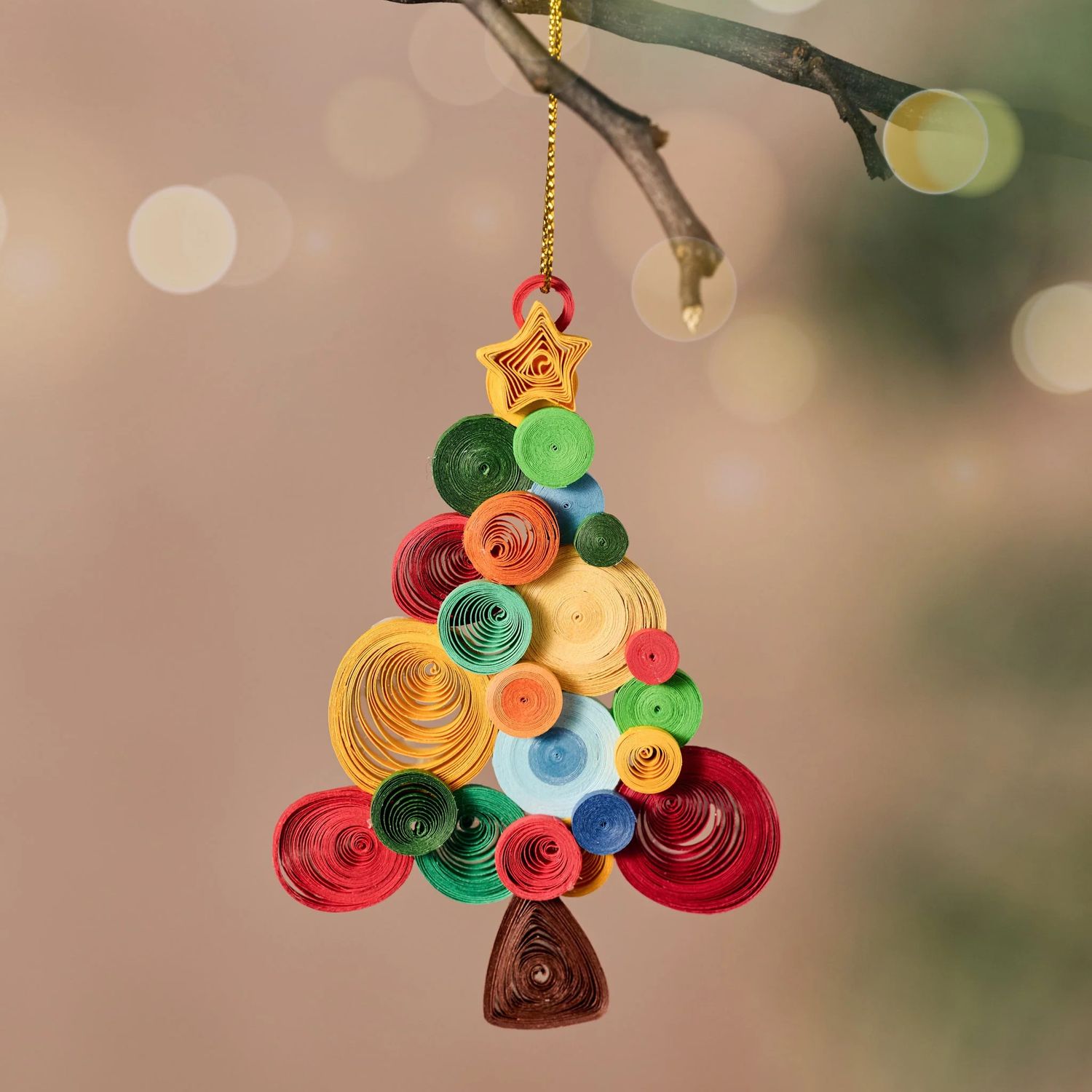 Quilled Christmas Tree Ornament with brightly colored circles in green, red, blue and yellow.
