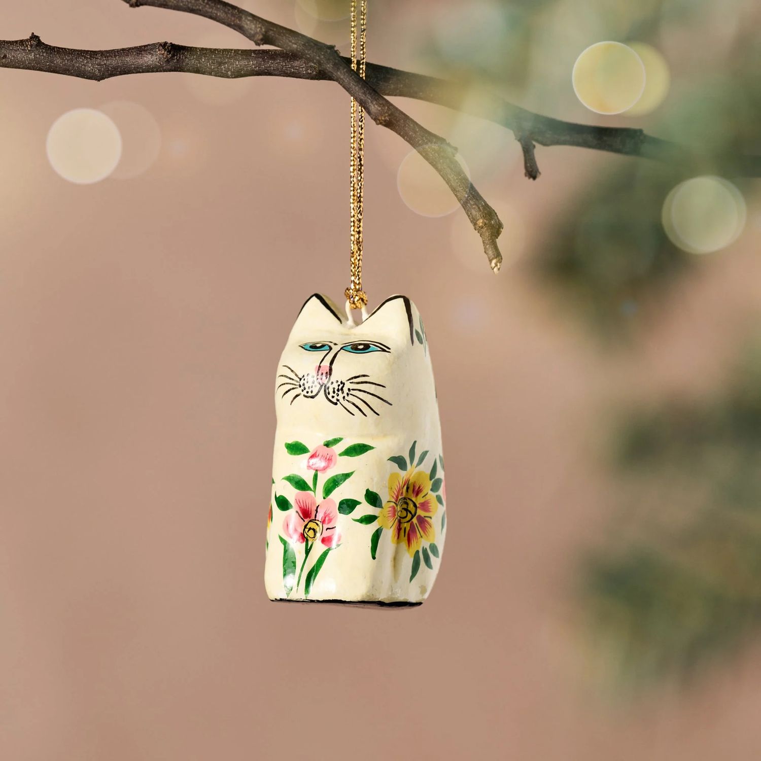Floral Paper Mache Cat Ornament