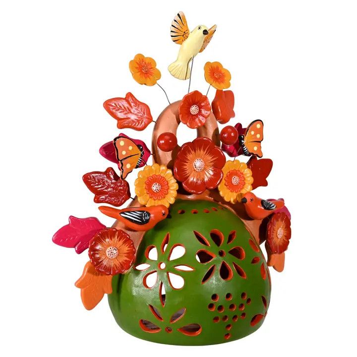 Tree of Life Ceramic Folk Art Luminary in Green