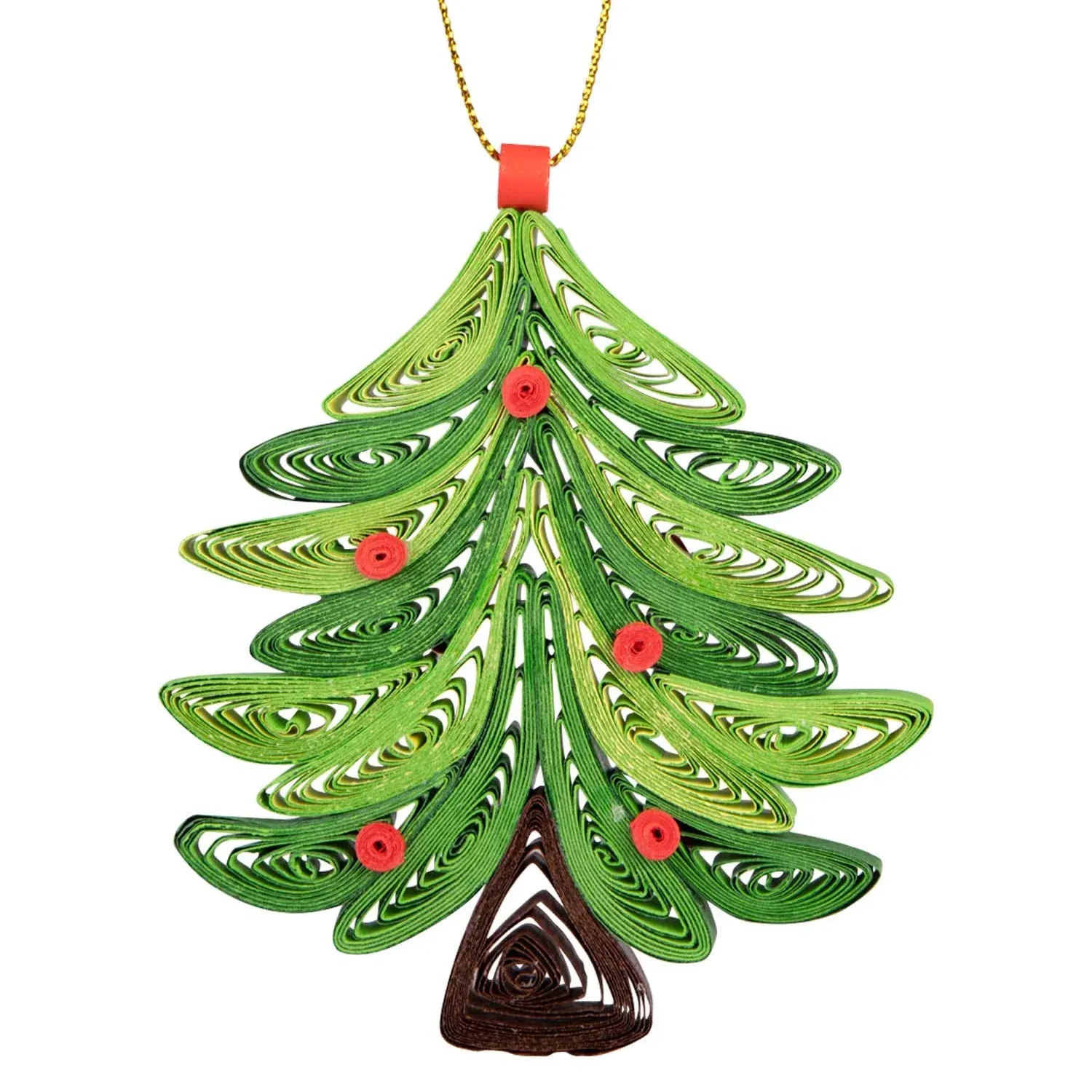 Quilled Christmas Tree Ornament is shades of green with circular ornaments and brown trunk. Features gold hanging string.