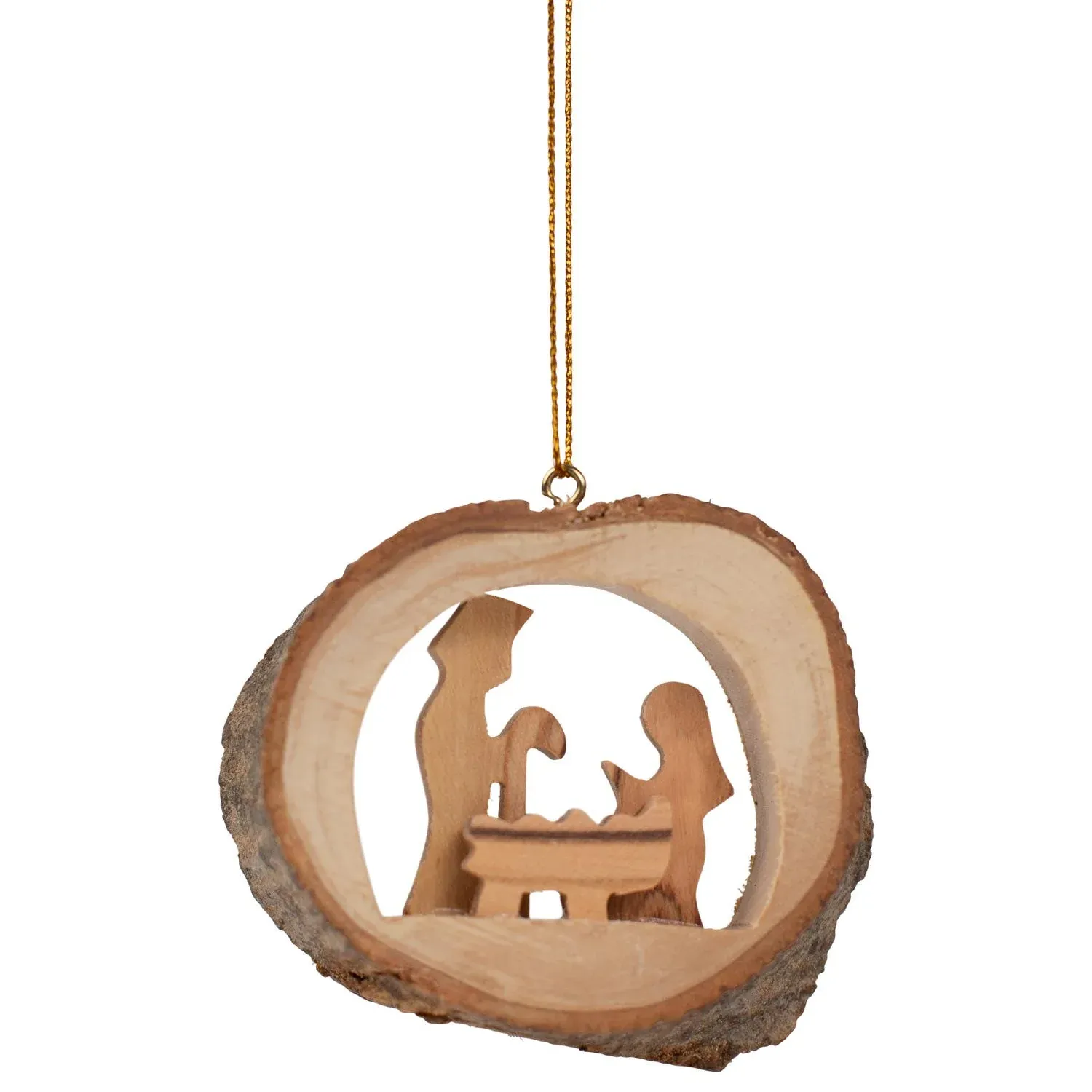 Hollow olive wood branch with delicate nativity featuring Mary, Joseph and Baby Jesus.