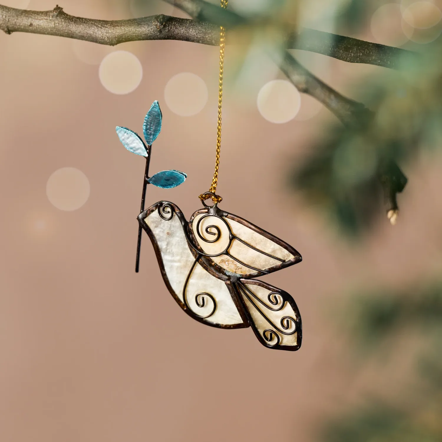 Capiz Dove &amp; Olive Branch Ornament