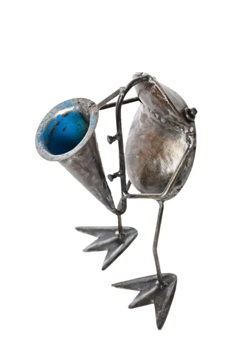 Recycled Metal Frog Playing Horn
