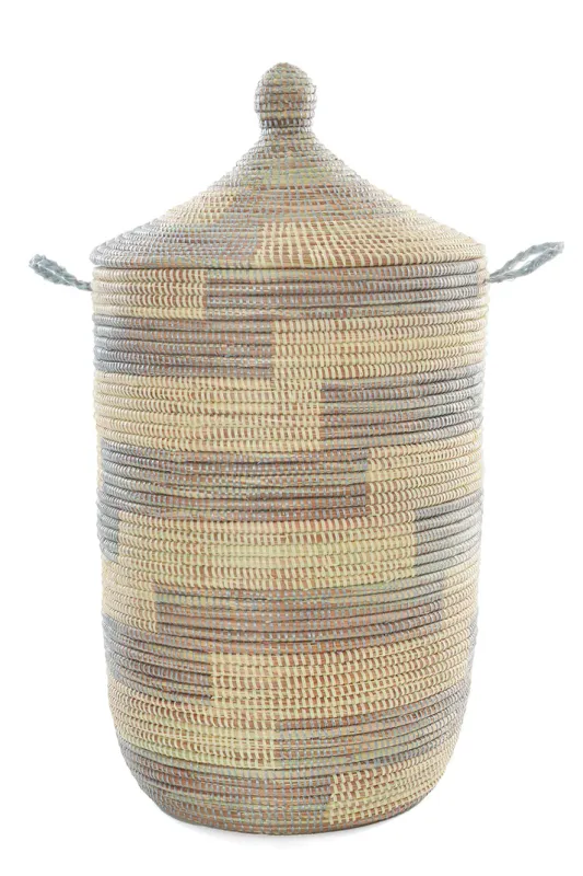 Basket Lidded Hamper Silver &amp; Cream Stairstep