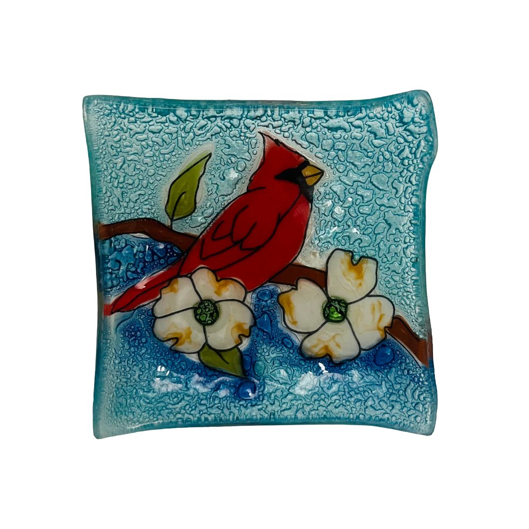 Cardinal with Dogwood Glass Dish