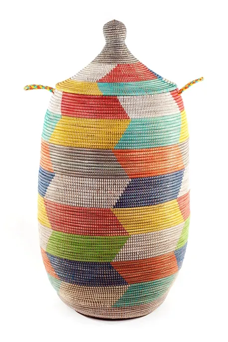 Basket Lidded Hamper Oversized Herringbone Rainbow
