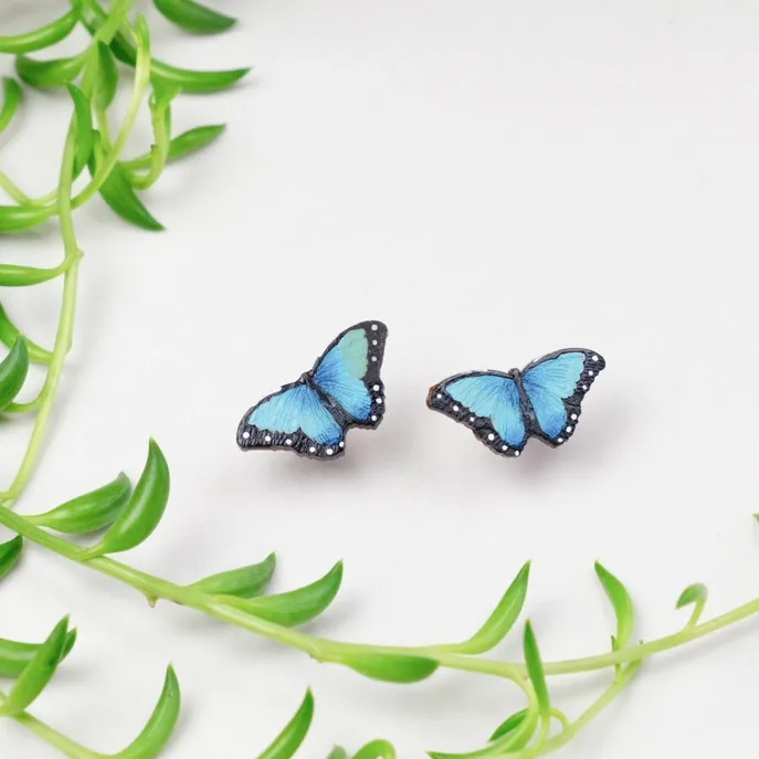 Blue Morpho Butterfly Gourd Post Earrings
