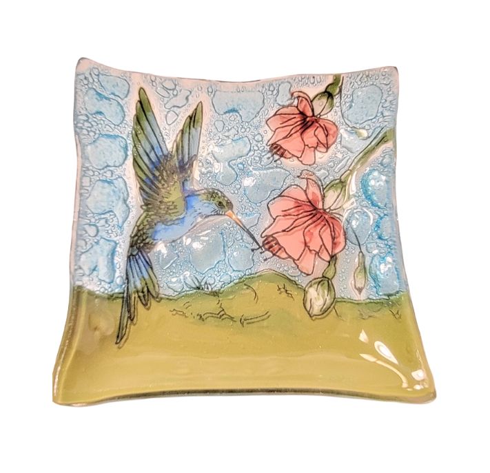 Hummingbird &amp; Pink Flower Square Glass Dish