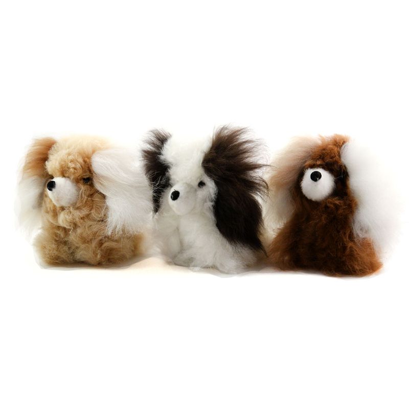 Alpaca Fur Dog color assortment. Light brown fur with white ears, white fur with dark brown ears, brown fur with white ears.