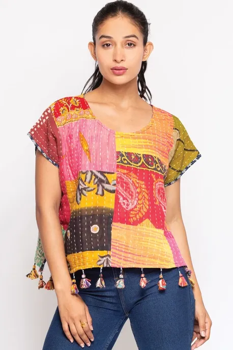 Kantha Cotton Sari Crop Top