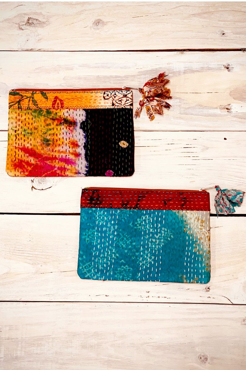 Kantha Silk Sari Zipper Pouch