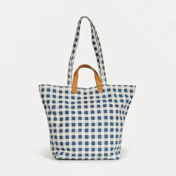 Block Print Carryall Tote  Indigo Gingham