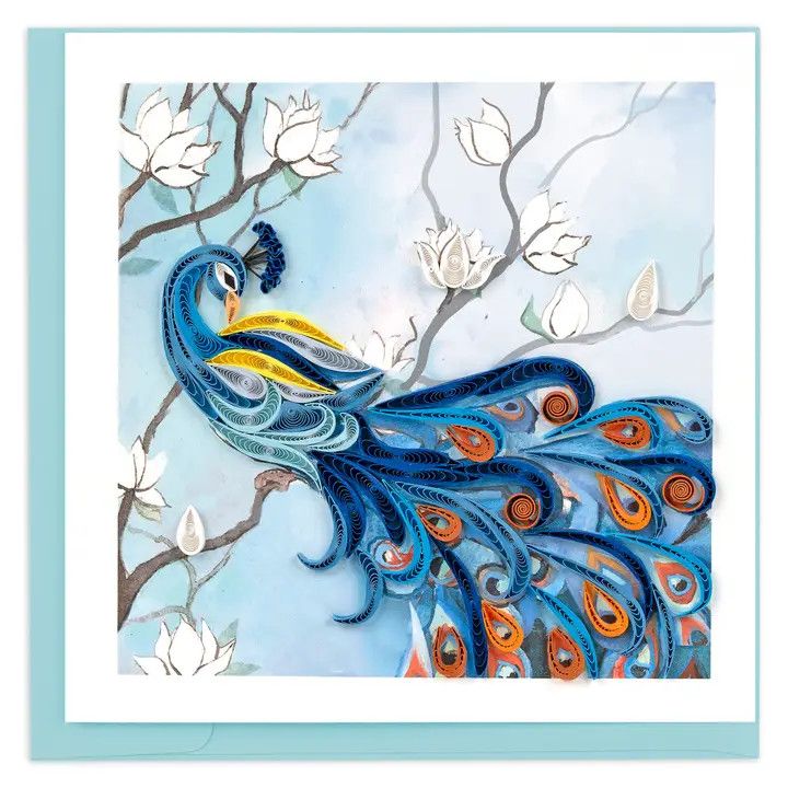 Peacock with White Flowers Quilled Card