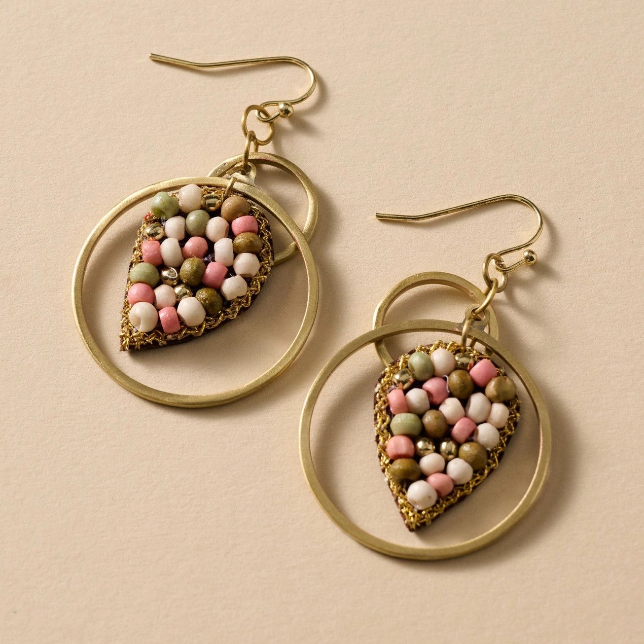 Embroidered Bone Bead Drop Earrings
