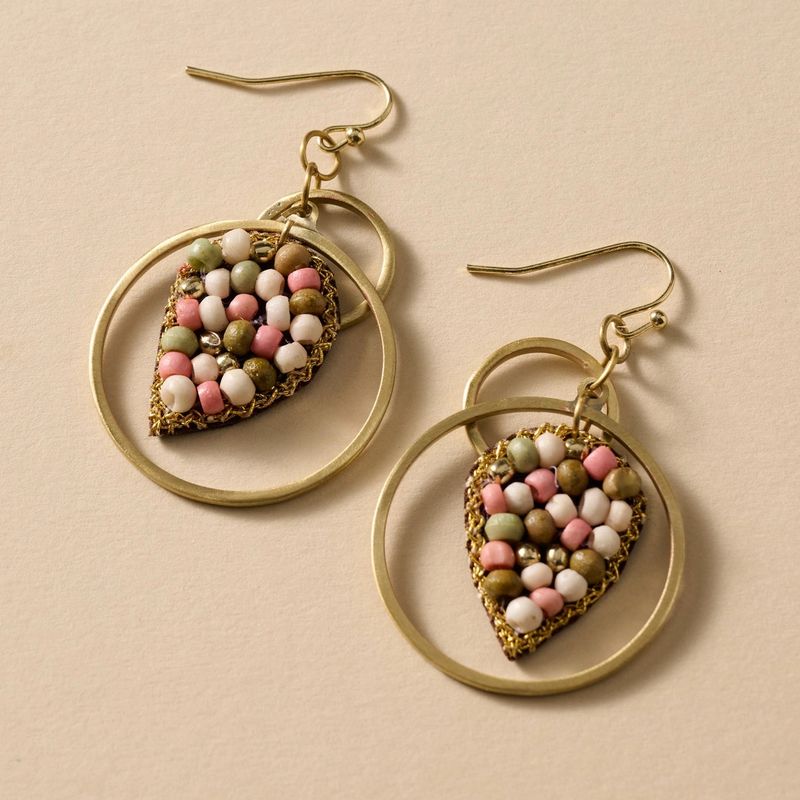 Embroidered Bone Bead Drop Earrings
