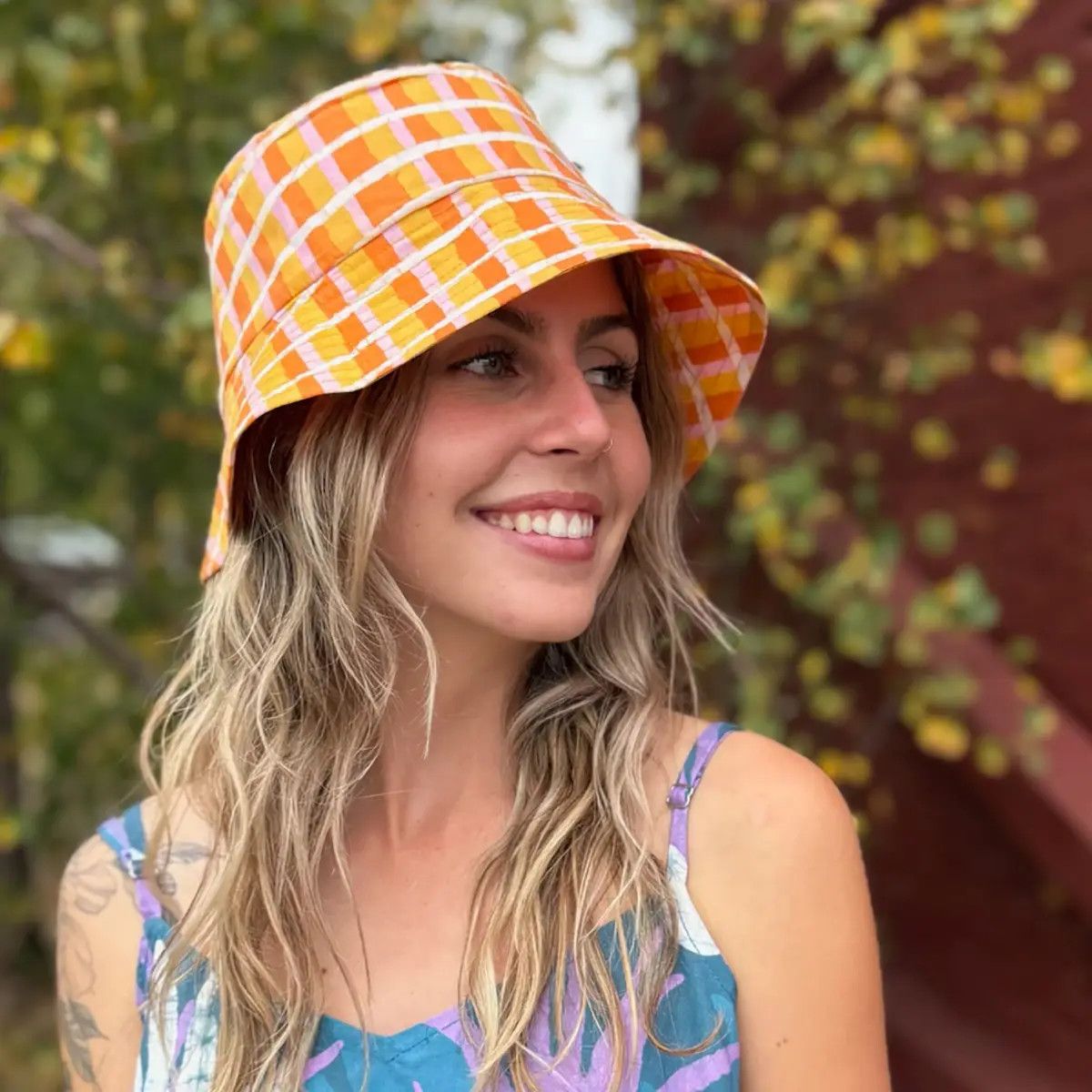 Batik Sun Hat, Color: Gold Plaid, Size: S/M