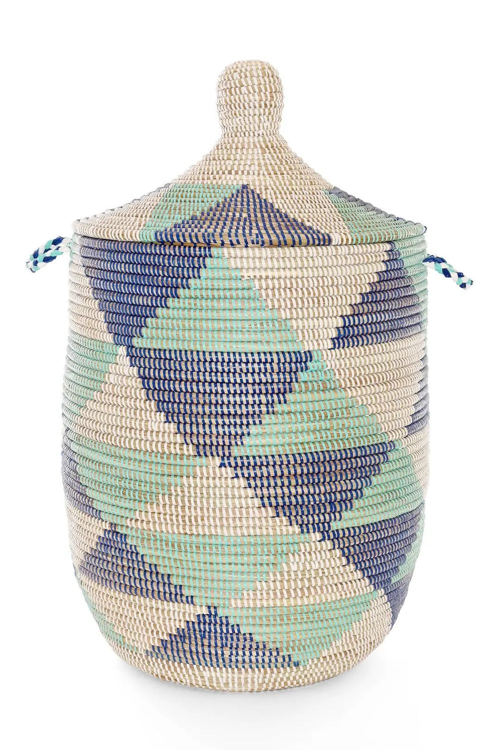 Basket Lidded Hamper Blue and White Triangles