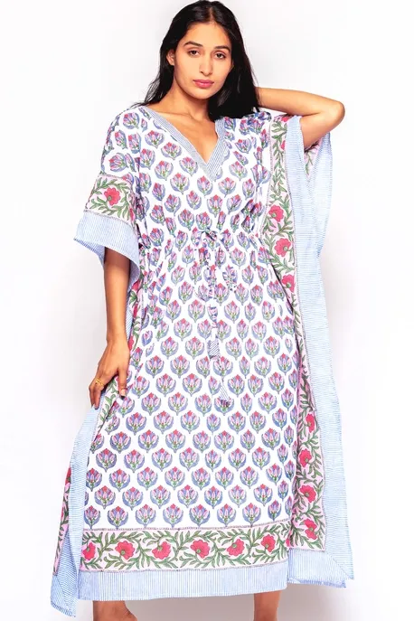 Anjali Block Print Cotton Caftan Navy &amp; Fuchsia