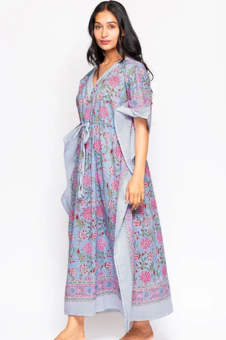 Anjali Block Print Cotton Caftan Blue &amp; Pink
