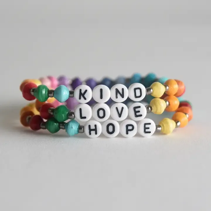 Rainbow Rolled Paper Bead Bracelet - Assorted Words