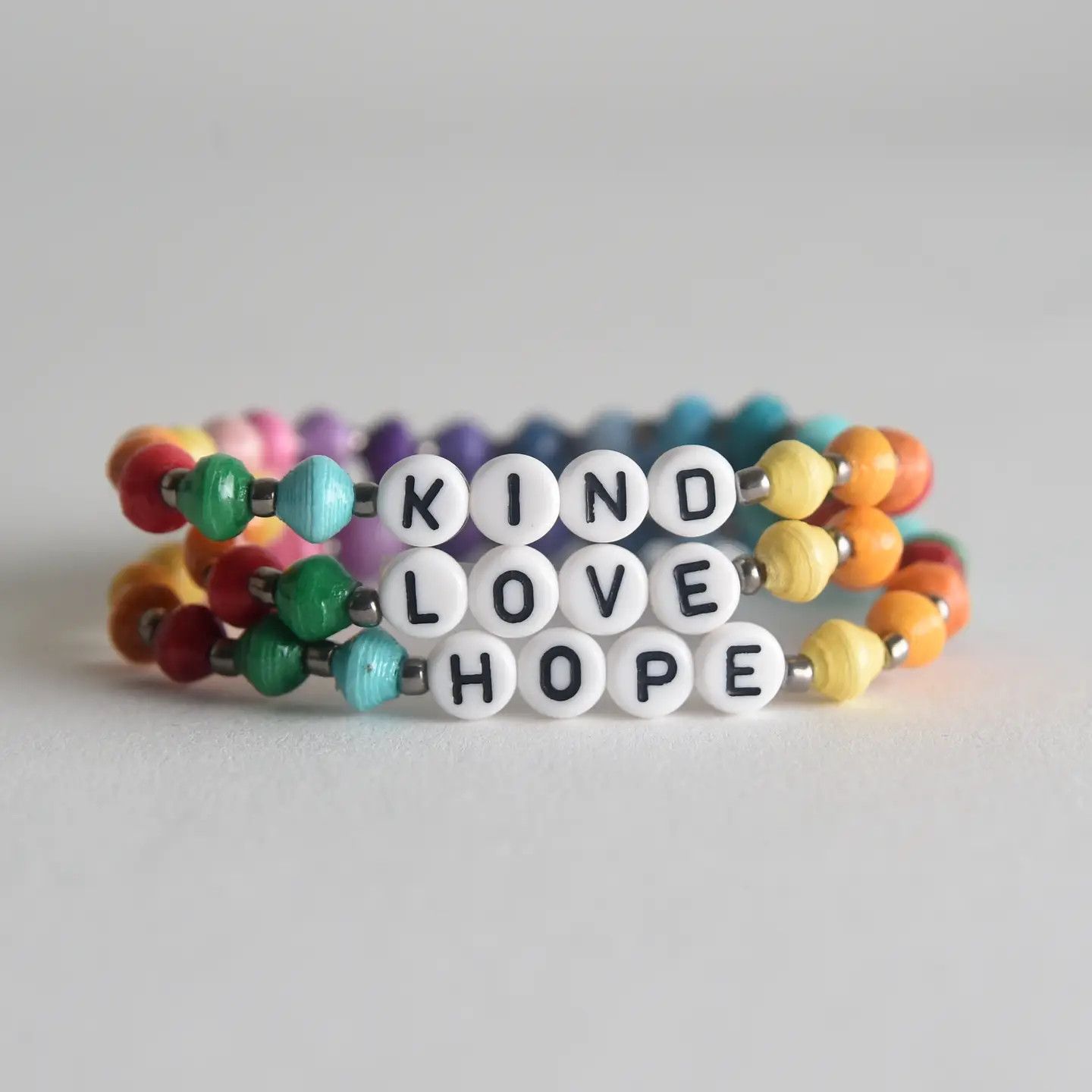 Rainbow Rolled Paper Bead Bracelet - Assorted Words, Design: Hope