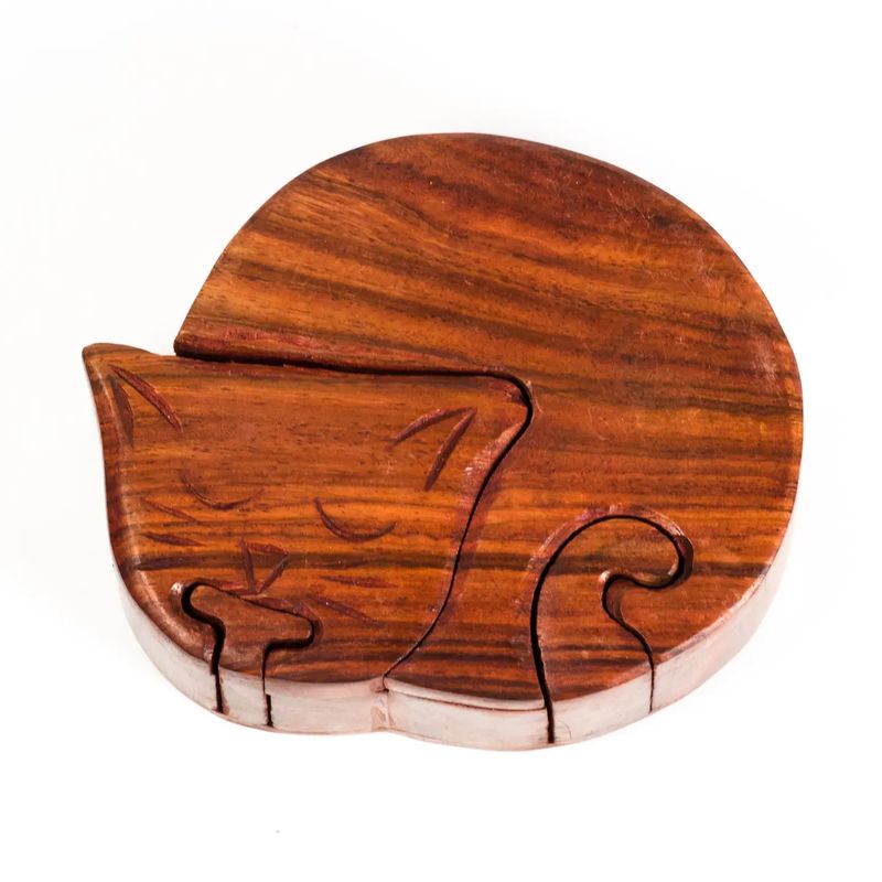 Sheesham Wood Sleeping Cat Puzzle Box