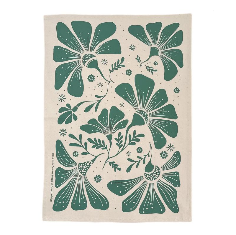 Retrobloom Screen Print Tea Towel Bottle Green