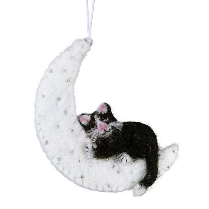 Over the Moon Cat Felted Ornament