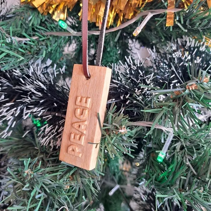 Handcarved Wooden Message Tag Ornament Peace