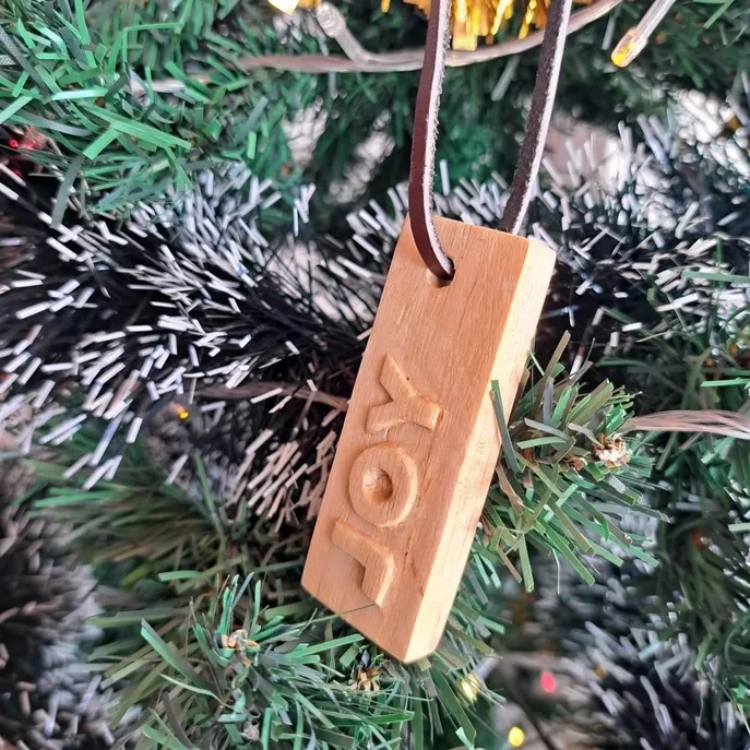 Handcarved Wooden Message Tag Ornament Joy