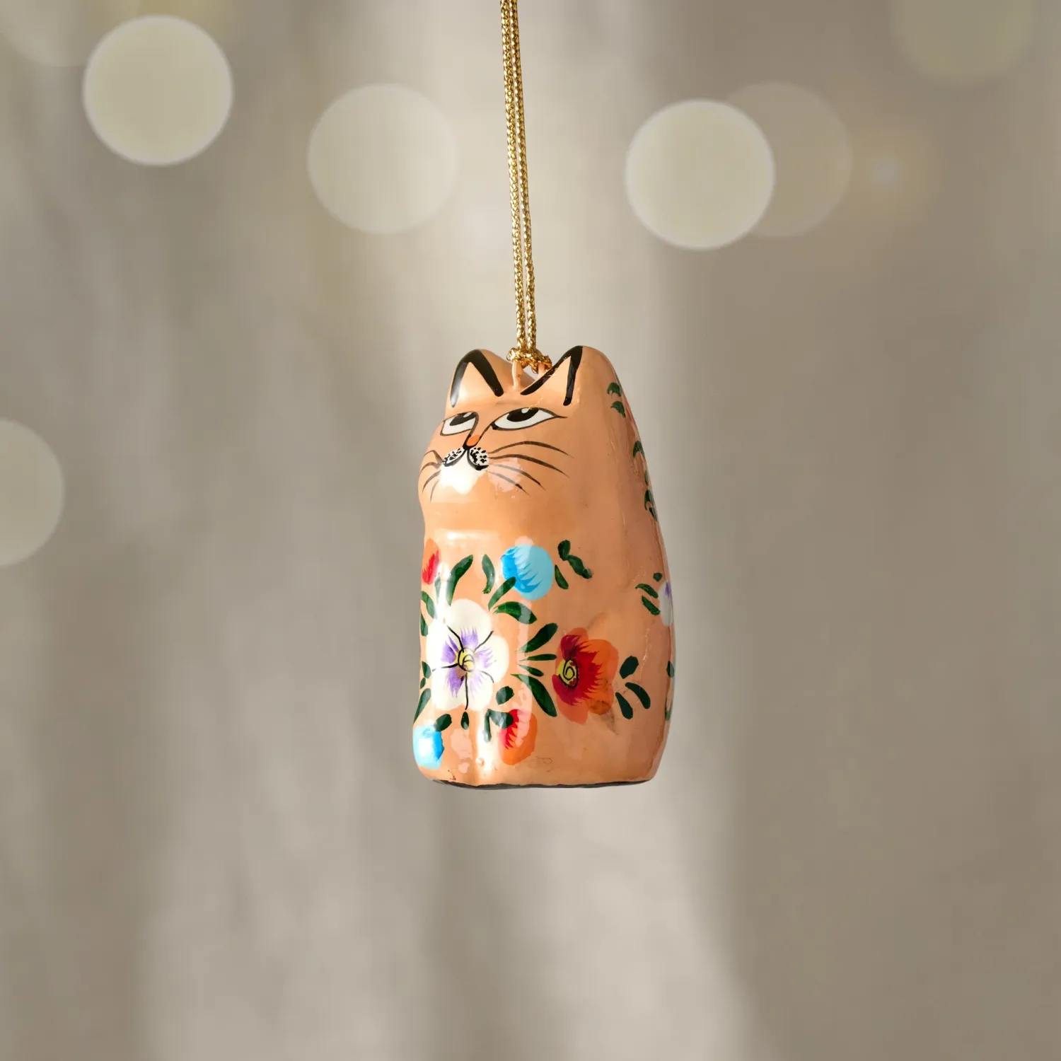 Floral Paper Mache Cat Ornament - Peach