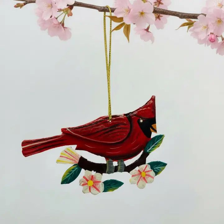 Cardinal on Cherry Blossom Branch Cut Metal Ornament