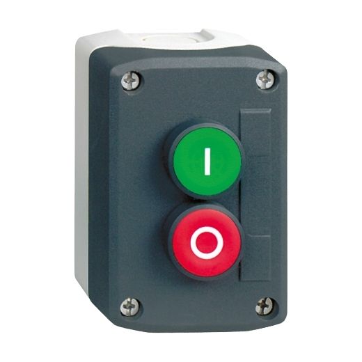 XALD213, Dark grey station XALD, 2 flush push buttons, Ø22, spring return, "I-O", 1NO+1NC