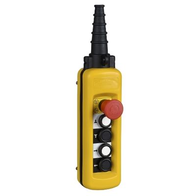 XACA4913, Pendant control station XAC, plastic, yellow, 4 push buttons, 2NO+1NC, 1 emergency stop NC, 2 speed
