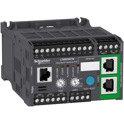 LTMR08EFM, Motor management controller TeSys T, Ethernet/IP, Modbus/TCP, 6 inputs, 3 outputs, 0.4..8A, 100..240V AC
