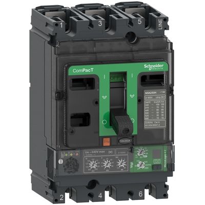 C25F34V250, MCCB, ComPacT NSX250F, 36kA/415VAC, 3 poles, MicroLogic Vigi 4.2 trip unit 200A