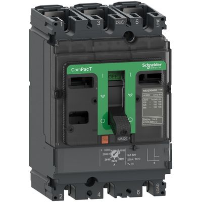 C25F3MA220, MCCB, ComPacT NSX250F, 36kA/415VAC, 3 poles, MA trip unit 220A