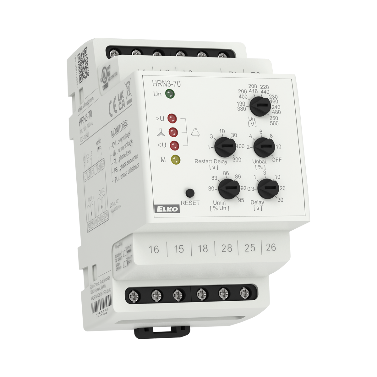 HRN3-70, 3-phase multifunction voltage monitoring relays HRN3, 2CO, 0.3..30s, 190..500V, adjustable