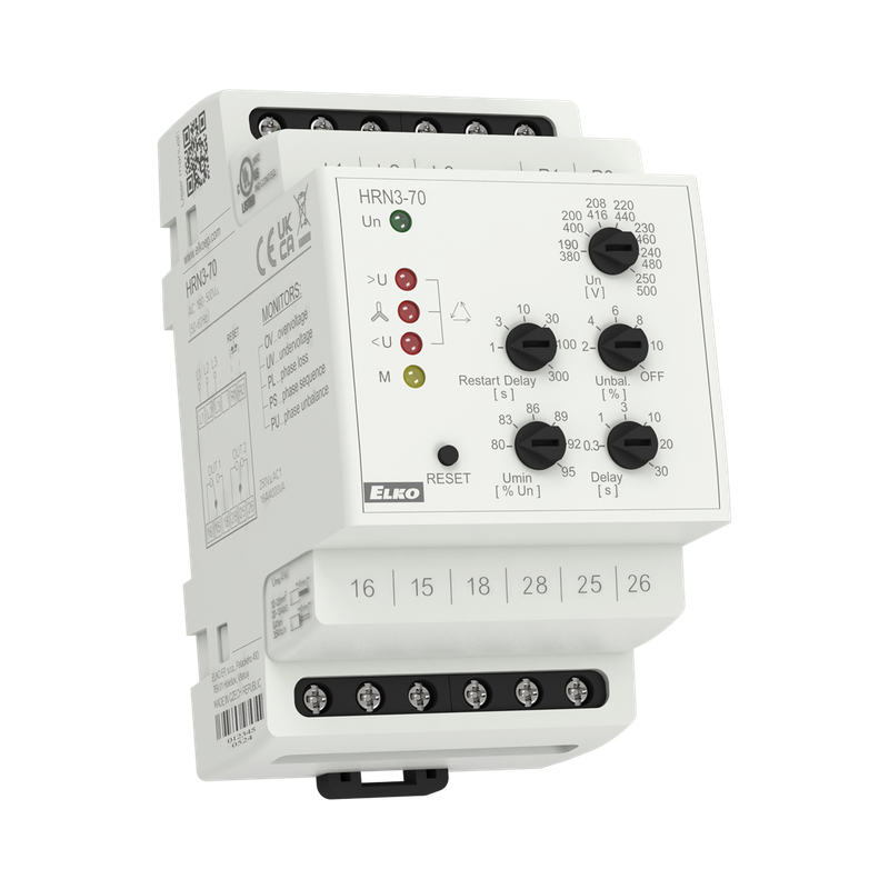 HRN3-70, 3-phase multifunction voltage monitoring relays HRN3, 2CO, 0.3..30s, 190..500V, adjustable