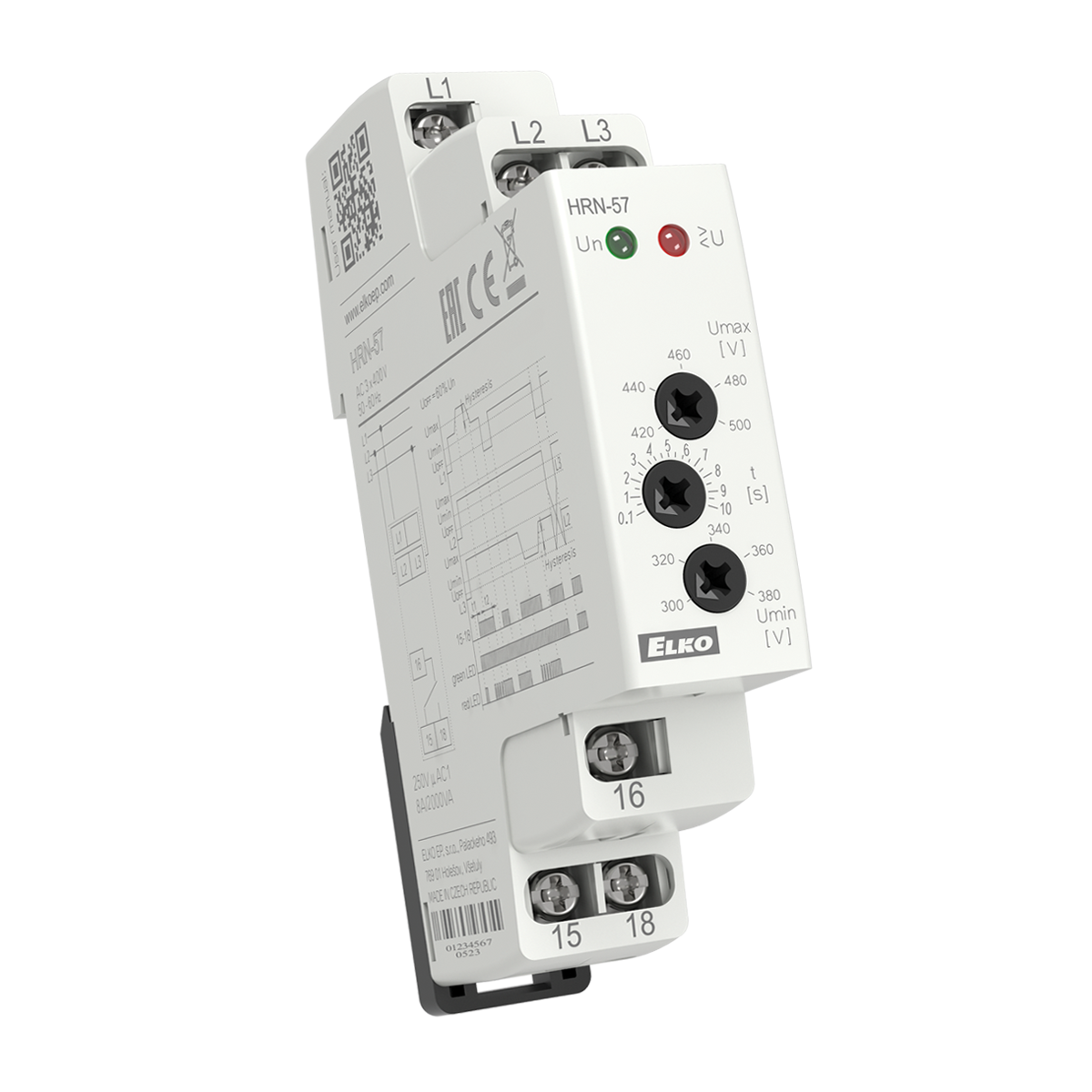 HRN-57, 3-phase voltage monitoring relays HRN, 1CO, 0.1..10s, 300..500V, adjustable