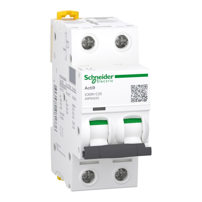 A9F84225, MCB, iC60H, 2P, 25A, C curve, 10000A (IEC/EN 60898-1), 15kA (IEC/EN 60947-2)