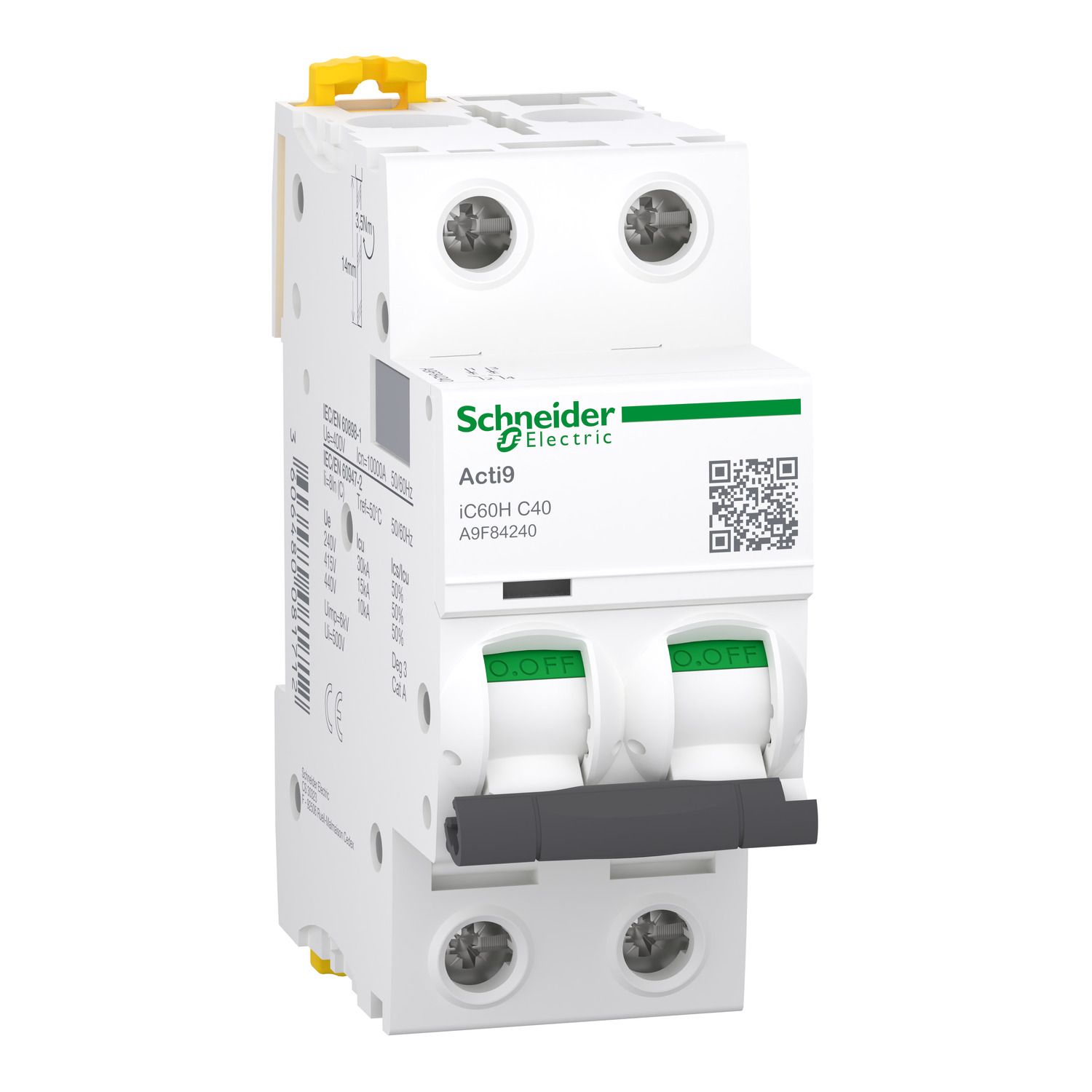 A9F84240, MCB, iC60H, 2P, 40A, C curve, 10000A (IEC/EN 60898-1), 15kA (IEC/EN 60947-2)