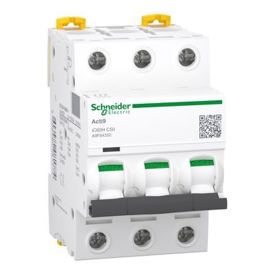 A9F84350, MCB, iC60H, 3P, 50A, C curve, 10000A (IEC/EN 60898-1), 15kA (IEC/EN 60947-2)