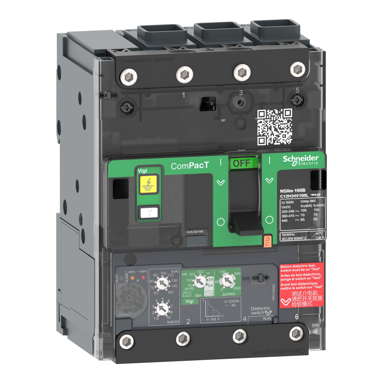 C11N34V100L, MCCB, ComPacT NSXm N, 50kA/415V AC, 3 poles, 100A, Micrologic 4.1 trip unit, EverLink connectors