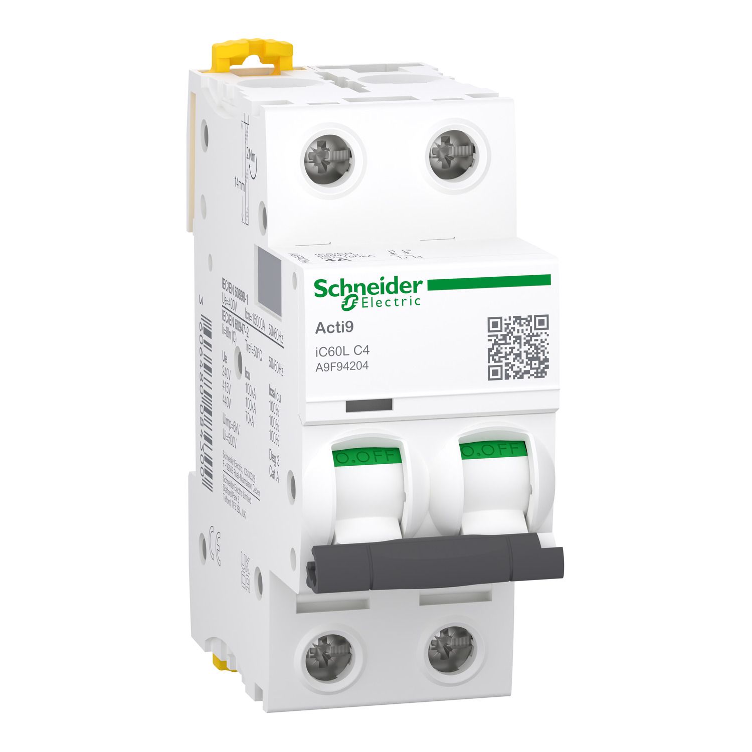 A9F94204, MCB, iC60L, 2P, 4A, C curve, 15000A (IEC/EN 60898-1), 100kA (IEC/EN 60947-2)